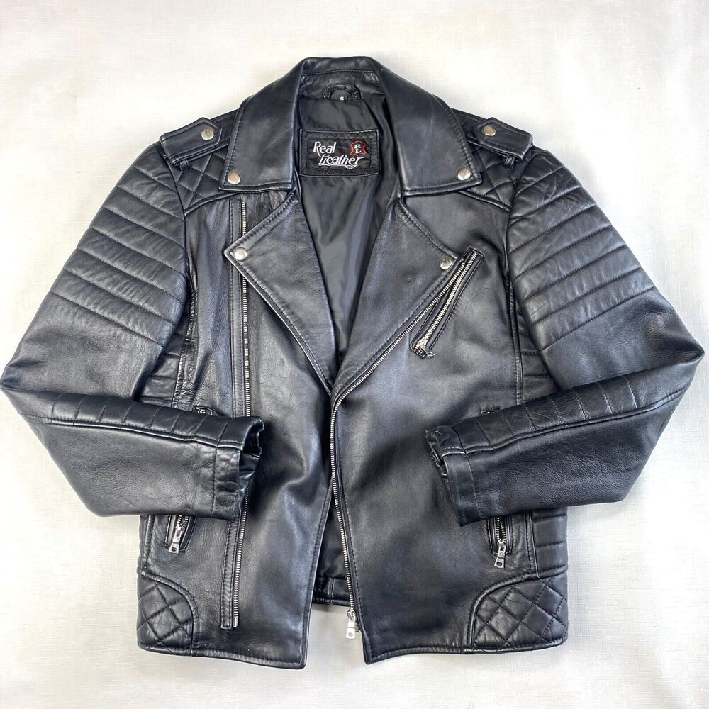 REAL LEATHER Black MODERN MOTO Biker Jacket! Motorcycle Stitch Detail Sz S